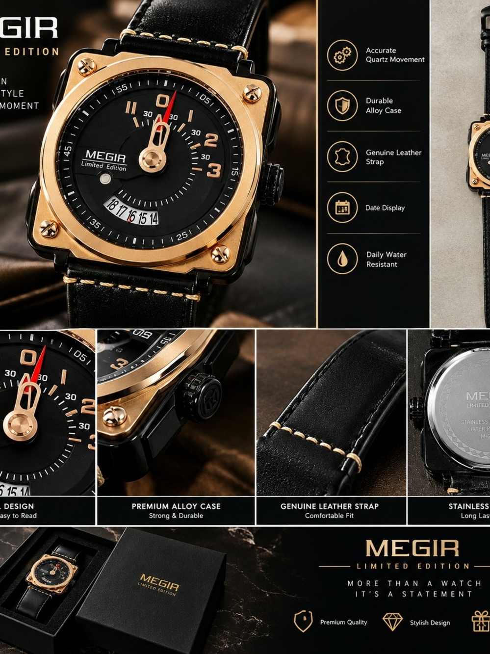 Men’s Black & Gold Leather Strap Watch